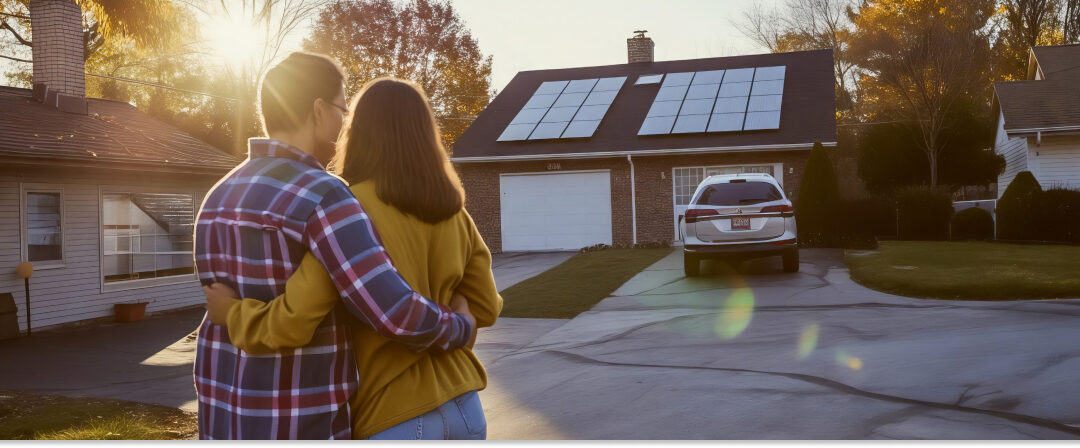 Pareja observa su casa con placas solares y batería para evitar cortes eléctricos bg energia