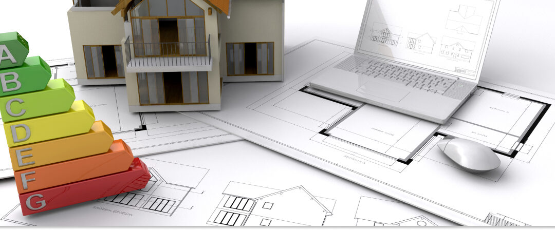 Modelo de vivienda con calificación energética y planos arquitectónicos para ilustrar la eficiencia energética con SCOP y SEER