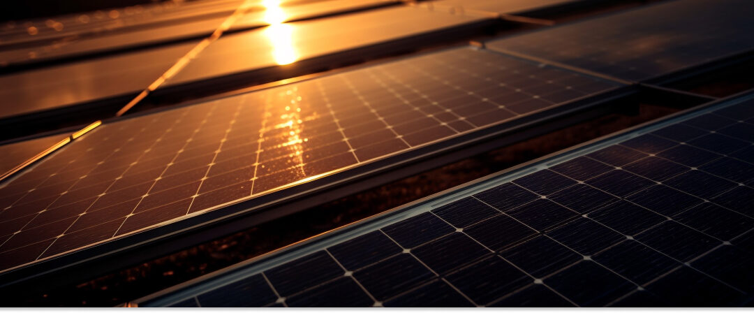 Vista de paneles solares reflejando la luz del atardecer, simbolizando la producción de energía renovable antes de su almacenamiento nocturno