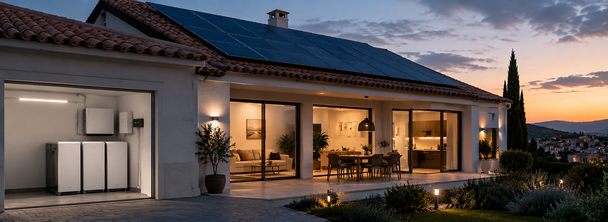 Vivienda con placas solares y baterías de almacenamiento dimensionadas según el consumo nocturno del hogar.